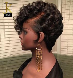 Bouncy Curly Pixie Cut Кружевные парики для волос для женщин для женщин Black Remy Brazilian Short Bob Front Wig с челкой Elegant Queen5340330