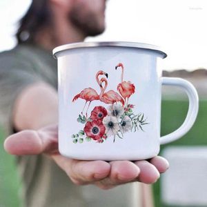 Muggar kaffestesor mugg öl kopp blomma flamingo tryckt emalj hållbar metall utomhus personaliserade gåvor koppar te