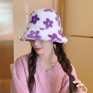 Berets Women Winter Flower Plush Fisherman Hat Fluffy Bucket Outdoor Faux Fur Thick Warm Cap Wool Basin Bonnet