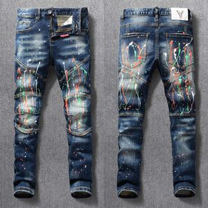 Herren Jeans Strt Fashion Männer Jeans Retro Blue Stretch Slim Fit Lackierte Jeans Männer Spleiß Designer Hip Hop Denim Bikerhose Hombre T240409