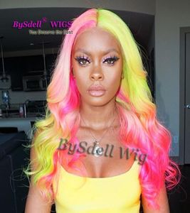 Lång pastell regnbåge hår peruk syntetisk regnbåge färg rosa fluorescerande grön ombre hår spets front peruk sjöjungfru cosplay party wigs1345794