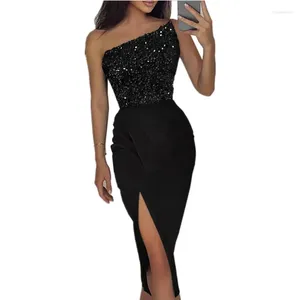 Casual Dresses 2024 Spring Summer Women's Solid Color Sexy Sequin Split Long Dress Elegant One-Shoulder Evening