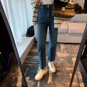 2024 Jeans de Nine Point Straight perna para mulheres com cintura alta elástica Slim Spring Novo