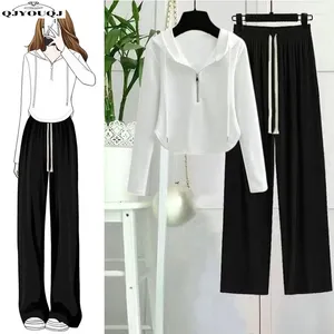 Women's Two Piece Pants Single/Set Korean Edition Design Feel Zipper Curved Hoodie High Waist Wide Leg Set