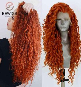 Ingwer Synthetische Spitze vordere Perücke hitzebeständige lange rote rosa tiefe Welle Kinky Curly Drag Queen Cosplay Perücken für Frauen Eewigs2205111502315