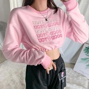 Damen Hoodies 2024 Frauen Mode Langarm Sweet Pink Letter Stickereien weibliche Herbst Stilvolle All-Match Draw String Crop Top für