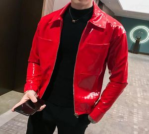 Shiny Leather Jacket Men039S Stage Costume Red Black Brown Nightclub Club Solid Color Slim Coats Jackets5981699