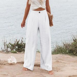 여성용 바지 하이 웨이스트 드레스 세련된 허리 와이드 다리는 캐주얼 해변 스트리트웨어 패션을위한 주머니와 함께 통기 가능