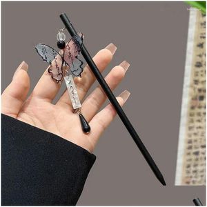 Hair Clips Barrettes Chinese Calligraphy Butterfly Tassel Sticks Women Vintage Pendant Wood Hairpin Chopstick Forks Headdress Jewelry Dhftm
