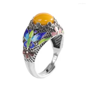 Klusterringar S925 Sterling Silver For Women Men Fashion Emalj ihåliga blommor Inlagd mellit Etnisk stil smycken