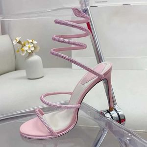 Scarpe eleganti sandali di tallone sexy per donne corda di serpente alla caviglia di strass