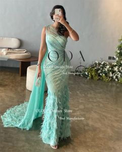 Oloey Luxury Feathers Glitter Mermaid Dresses Arabic Women One Shoulder Long Cape Back Formal Prom Gowns ROBE DE MAIRAGE