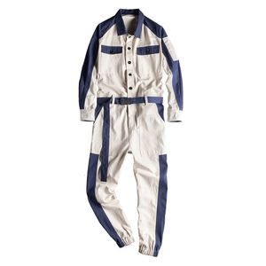 Sokotoo Mens Contrast Color Beige Joggers with Belt Jumpsuits Long Sleeve Patchwork Olanolls Coveralls 240403