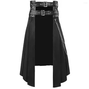 Men's Pants Cosplay Punk Pleated Skirt Gothic Leather Belt Medieval Roman Warrior Kilt Metal Chian Asymmetry Black Halloween Costume