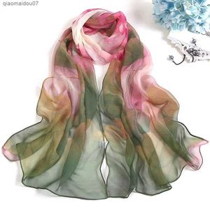 Sjalar Långt sjal inslagna kvinnor strand solskydd huvudduk bandana huvudduk blomma tryckt siden halsduk chiffong kerchief hals halsduk 50x160cml2404