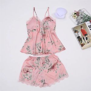 Home Clothing Arrival Sexy Women's Pajama Sets Black Blue Pink Color With Sweet Flowers Prints V-neck Good Quality For Ladies