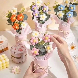 Decorative Flowers Knitted Crochet With Bucket Colorful Artifiical Folwer Bouquet Handmade Artificial Flower Potted Plant Teachers' Day