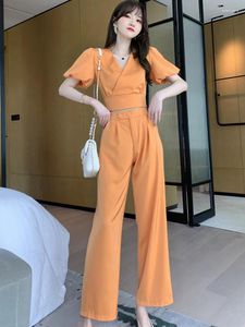 Women's Two Piece Pants Summer Casual Commute 2 Set Women Orange Solid V-neck Puff SleeveThin Short Tops High Waist Wide Leg Lady Office