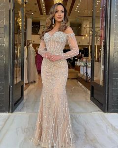 2024 Luxury Champagne Mermaid Prom Abito da prese con le maniche a spalla perle di compleanno Crystal Birthday da sera Robe De Soiree Vestidos de Gala