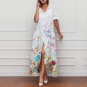 Casual klänningar elegant halv ärm sundress kvinnor klär moe lapel hals boho tryck skjorta singel bröst maxi robe femme