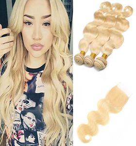 Malezja nieprzetworzona ludzka fala ciała 3 wiązki z zamknięciem koronki 4x4 613 Blond Virgin Hair przedłużenie z zamknięciem 4x4 Baby1414704