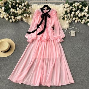 Casual Dresses Clothland Women Sweet Chiffon Maxi Dress Ruffles Bell Sleeve Bow Tie Candy Color Ankle Length Vestido QD467
