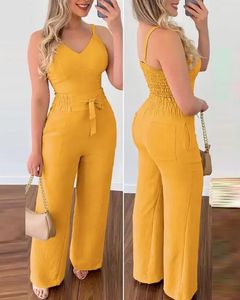 Summer Woman Long Jumpsuits Elegant Sexy Vneck Shirred Cami Top High midjebyxor Set Fashion Casual One Pieces 240409