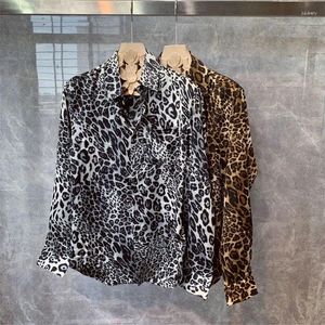Men's Casual Shirts Spring Autumn Polo-neck Personality Leopard Printed Shirt Male Long Sleeve Harajuku Y2K Streetwear Fashion Blouse Top
