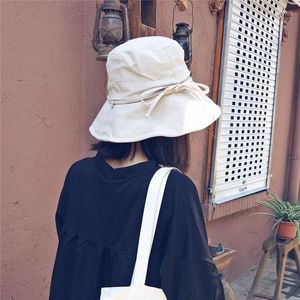 Berets Summer Cotton Foldable Bucket Hat Korean Women Outdoor Sunscreen Hats Solid Color Bow Wide Brim Panama Fisherman Cap