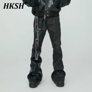 Men's Pants HKSH Hand-coated Slim Fit Versatile Waxed Face Heavy Weight Spliced Crack Casual Black PU Leather Tide Punk HK0850