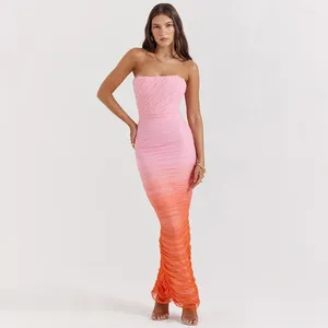 Casual Dresses Chic Gradient Fishbone Pleated Fold Tight Sexy Axelless Split Tube Top Bodycon Dress