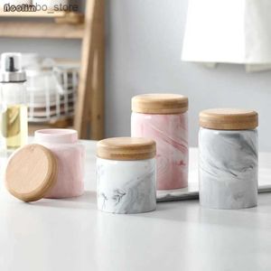 Food Jars Canisters Ceramic Household Sealed Cans with Wood Lid Small Nordic Marbled Tea Storae Jar For Kitchen rains Food Snack Storae Tank L49