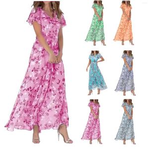 Vestidos casuais vestido de verão feminino chiffon floral balanço longo férias de praia longa férias 2024 manga curta V moda flowy