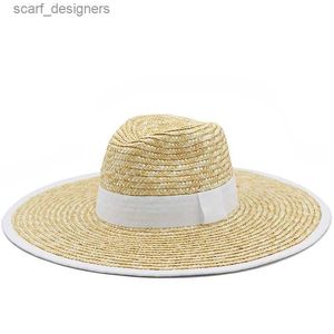 Chapéus de aba larga Chapéus de balde verão 13 cm Big Eaves Solid Sun Protection Hat Homem Mulheres Moda Dome Holida de férias Capéu de praia Menina Capéu de palha Caps Y240409