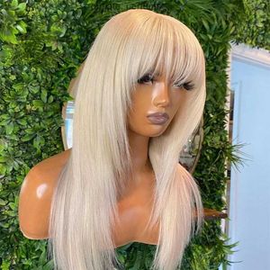 Brazylijskie włosy biała prosta peruka z grzywką Fringe Bob Human Hair Peruka z grzywką dla kobiet Blue Full Lace Front z grzywką