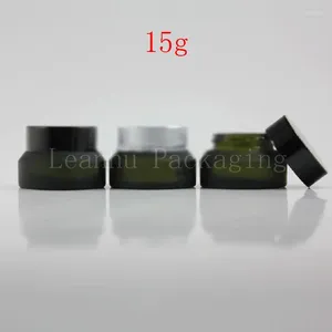 Storage Bottles (20PC/Lot)Wholesale 15g Green Frosted Glass Jar 15cc Empty Cosmetic Container Mask/Eye Cream Sample Bottle