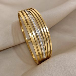 Bangle DODOHAO 316L Stainless Steel Multi-Layered Zircon Wide Cuff Bangles Bracelets For Women Chunky Gold Color Waterproof Jewelry