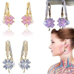 Brincos de bronzeamento de magnetoterapia linfática de germânio para perda de peso Cristal roxo Flower Pearl Light Luxury Ear Acessor