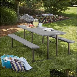 Camp Furniture Outdoor Living 6 ft. Folding Blow Mold Table Cam Dark Wood Grain med grå ben Picknick matbord skrivbord leveranser släpp dh57e