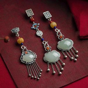 Original 925 Silver Button Pendant Retro Tassel Long Chinese Style Chipao Natural Hetian Green Jade Hanfu Accessories Jewelry 240401