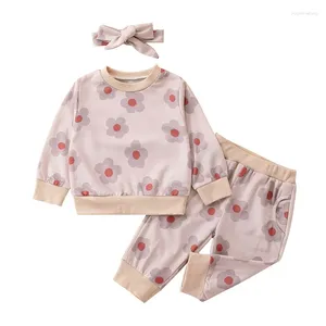 Giyim Setleri Toddler Bebek Kız Sevgililer Günü Kıyafet Kalp Baskı Crewneck Sweatshirt ve Pantolon Baş Bandı Set Bebek Bahar Giysileri