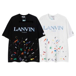 Lanvins t Shirt Splash Ink تطريز فضفاض جولة رقبة قصيرة الأكمام متعددة الاستخدامات للرجال والنساء T-Shirt العلامة التجارية العصرية