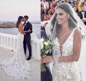 Steven Khalil Boho Beach Gelinlik 2021 Seksi Sırtsız Deniz Kızı Gelin Elbiseler Vneck 3D Dantel Aplikler Kayış Trompet Bahçesi Brid3212730