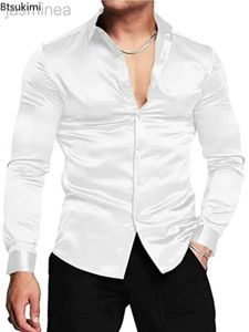 Men's Casual Shirts New 2024 Mens Luxurious Shiny Silk Satin Dress Shirt Long Sleeved Casual Slim Muscle Button-down Shirt Male Plus Size S-3XL 2449