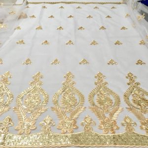 2024 Latest Gold French Nigerian Lace Fabric High Quality Sequins Tulle African Lace Fabric Cheap Wedding Party Mesh Lace LYX01G