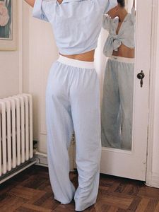 Home -Kleidung Frauen gestreiftem Pyjama Set 2 Stück kurzärmeliges Knopf Löst