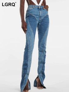 LGRQ 2024 Summer Women Jeans High Waist Spliced Contrast Color Split Slim Deconstructed Denim Long Flare Pants WY557 240327