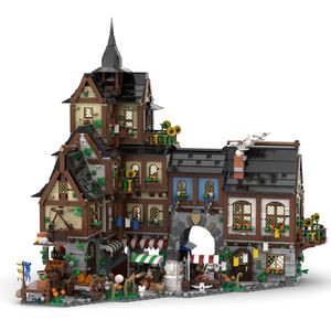 Centro di città medievale di buildmoc con piccoli porti e magazzini set di bambini di compleanno per bambini