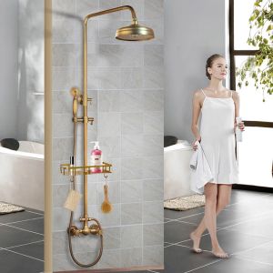 Torayvino Bathroom Shower Faucet Set bad dusche Antique Brass tap With shelf Mixer Control Valve Hand Shower Top rainfall spray