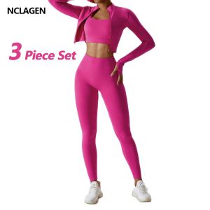 Camis Nclagen Women Sportwear 3 -częściowy zestaw jogi Top Kurtka Pants Leggingi Sports Bra Scrunch Shrunch Shrunts Gym Trening Ubrania